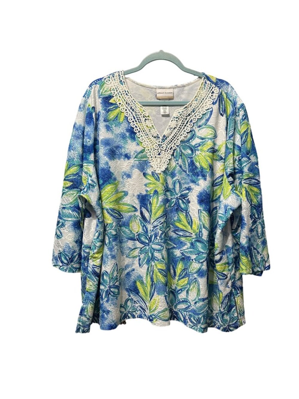 Alfred Dunner Womens 3X Floral Lace V-Neck Top Blue & Green Textured Print